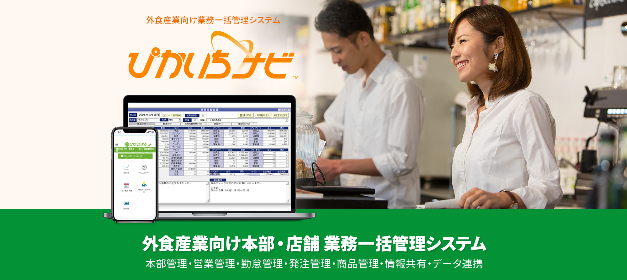 外食産業向け本部・店舗 業務一括管理システム 本部管理・営業管理・勤怠管理・発注管理・商品管理・情報共有・データ連携